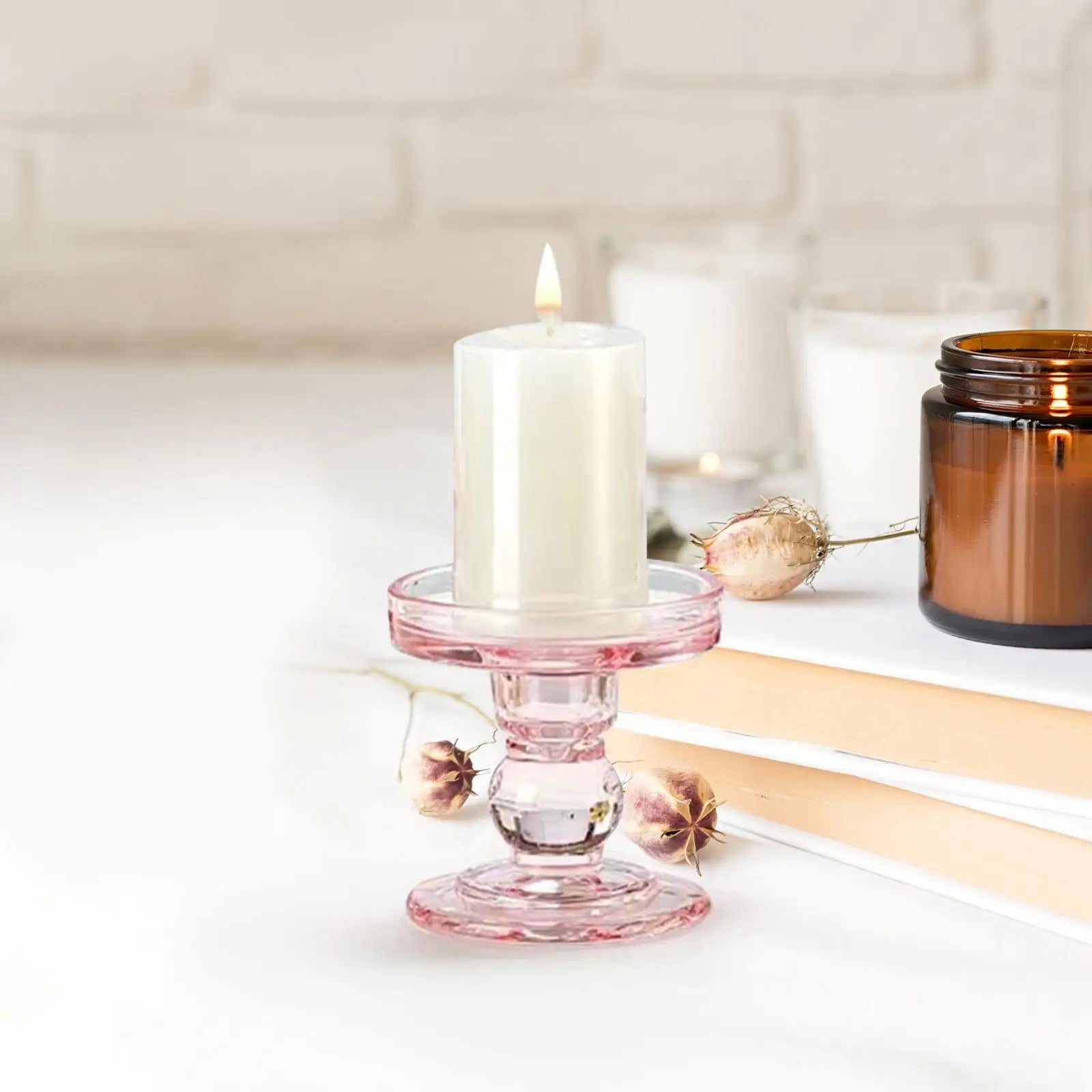 Candle Holder Pink Glass Candlestick Holder Pillar Candle Stand for Valentine's Day Wedding Dining Room Anniversary Festival