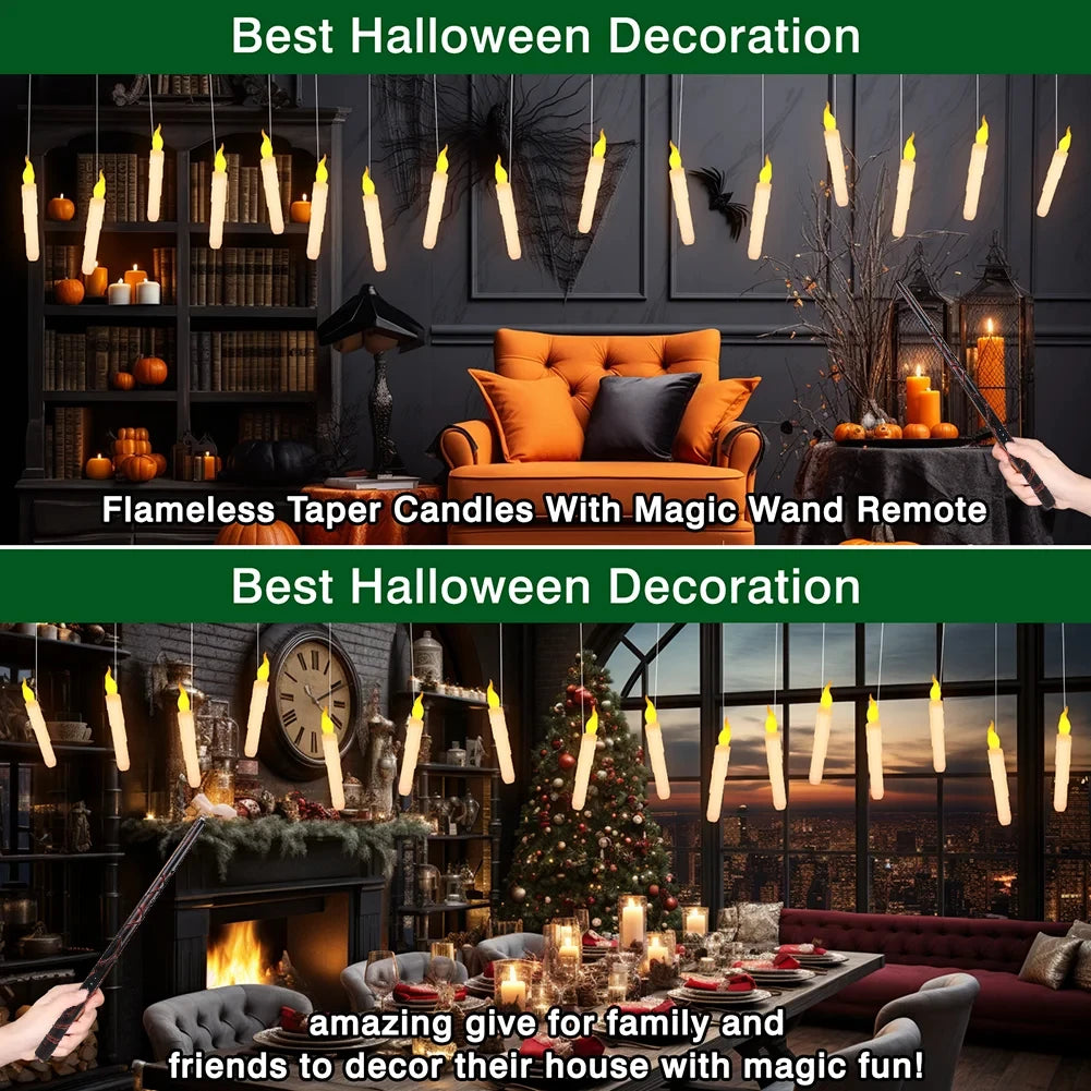 Flameless Taper Floating Candles with Magic Wand Remote Timer Flickering LED Hanging Christmas Halloween Decorations(12 Pack)