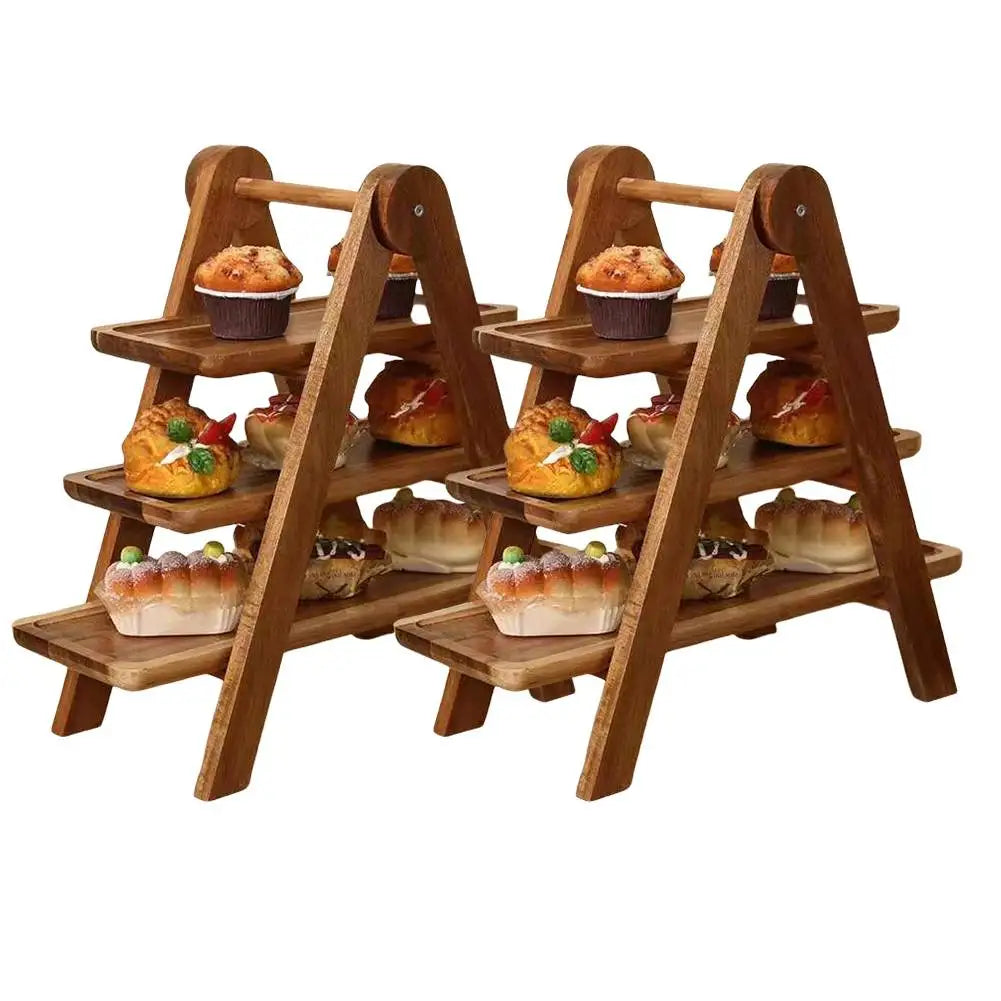 2Pcs Wooden Serving Platter 3 Tier Serving Tray Multi-Function Rectangular Serving Stand Cupcake Tiered Tray for Wedding Party