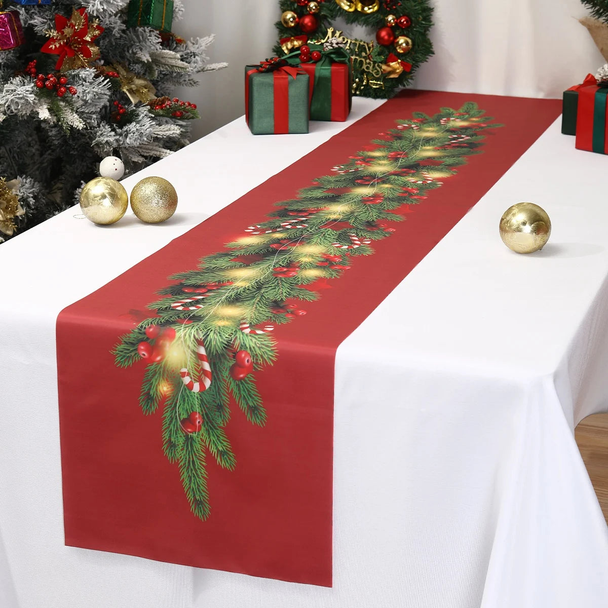 Christmas Poinsettia Table Runner Merry Christmas Decoration for Home 2025 Xmas Navidad Notal Noel Tablecloth New Year 2026 Gift