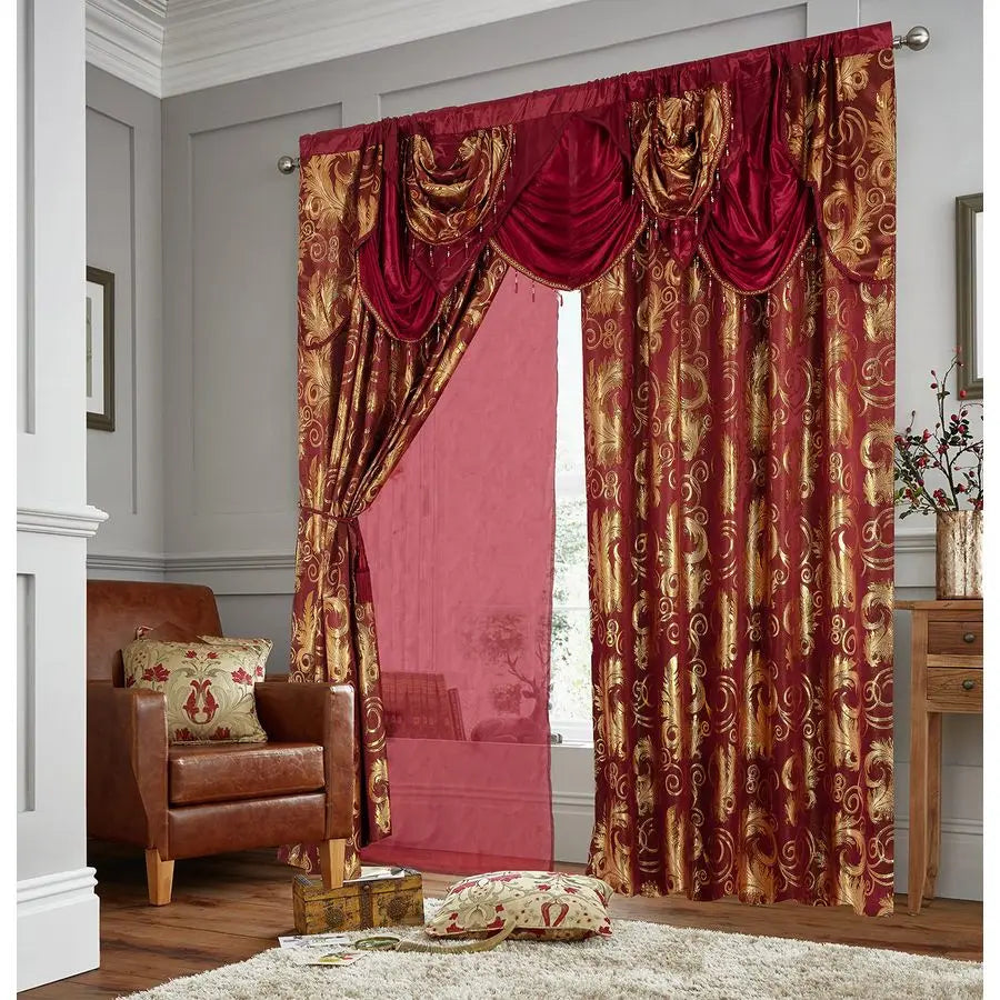 Jacquard Luxury Window 2 Panel Set Burgundy Gold Curtain with Attached Valance and Backing Bedroom Living Room Dining 2 Curtains