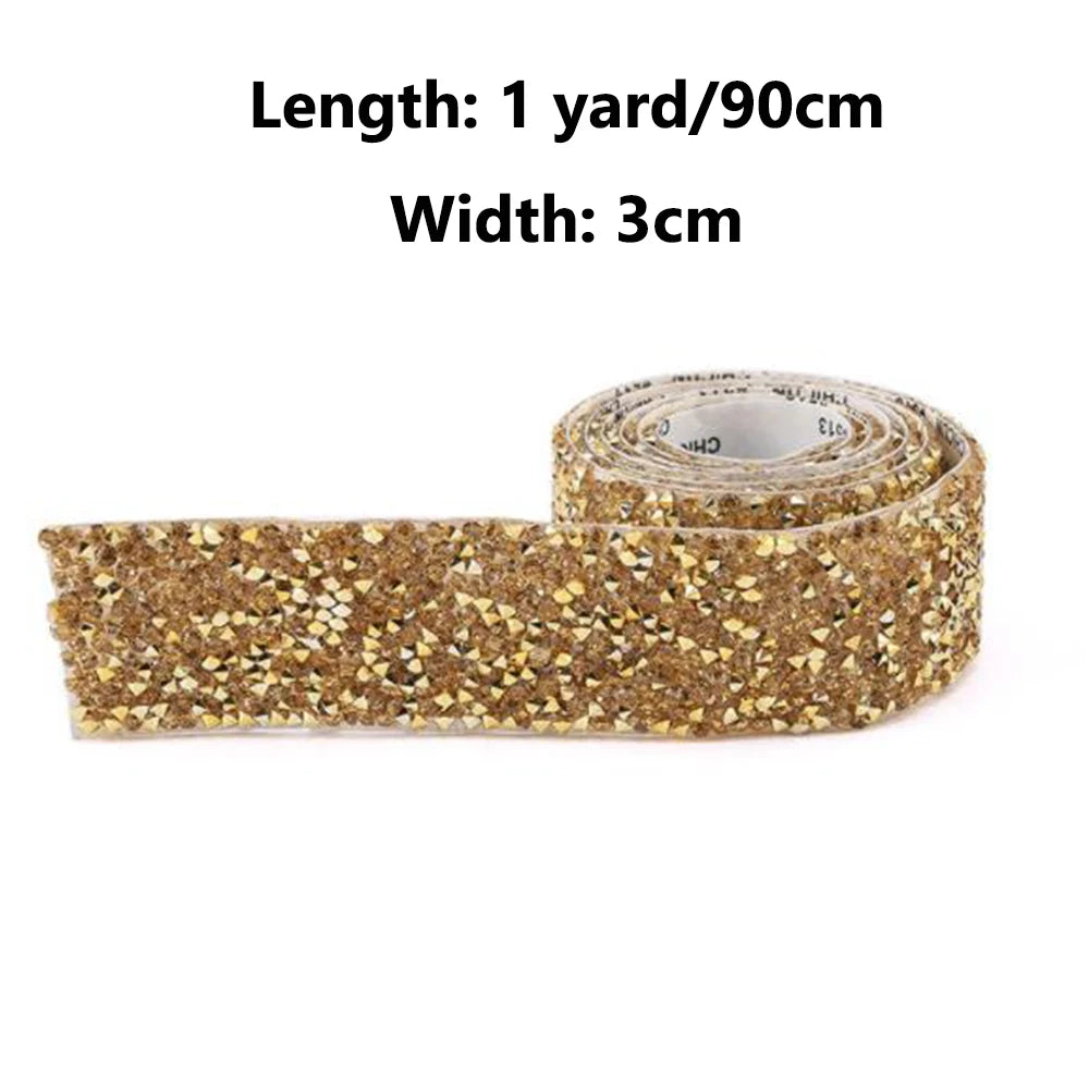 1 Yard Self-Adhesive Gold Crystal Rhinestone Tape Trim Applicator DIY Shoes Dresses Decoration Rhinestones Ribbon Roll Crafts
