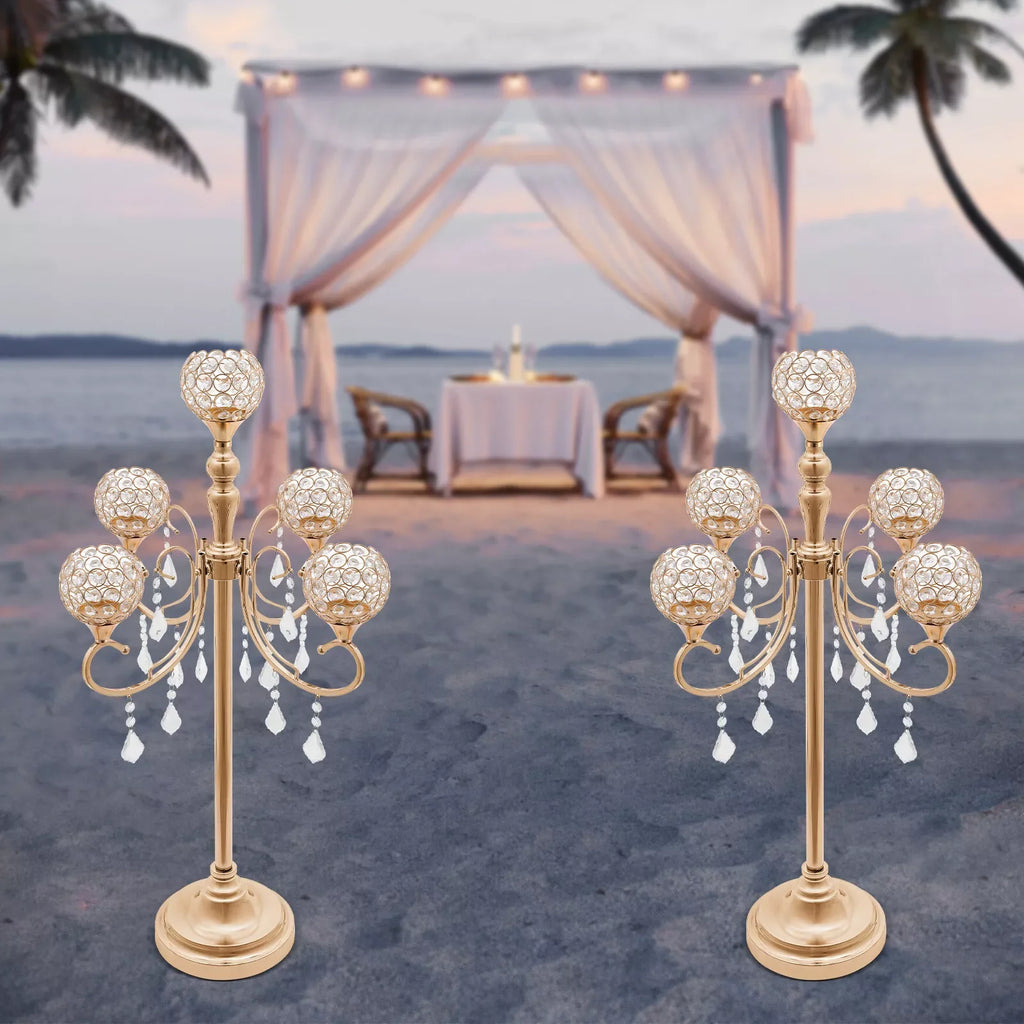 2PCS 5 Arms Crystal Candelabra Candle Holder Golden Table Centerpieces Wedding Decoration