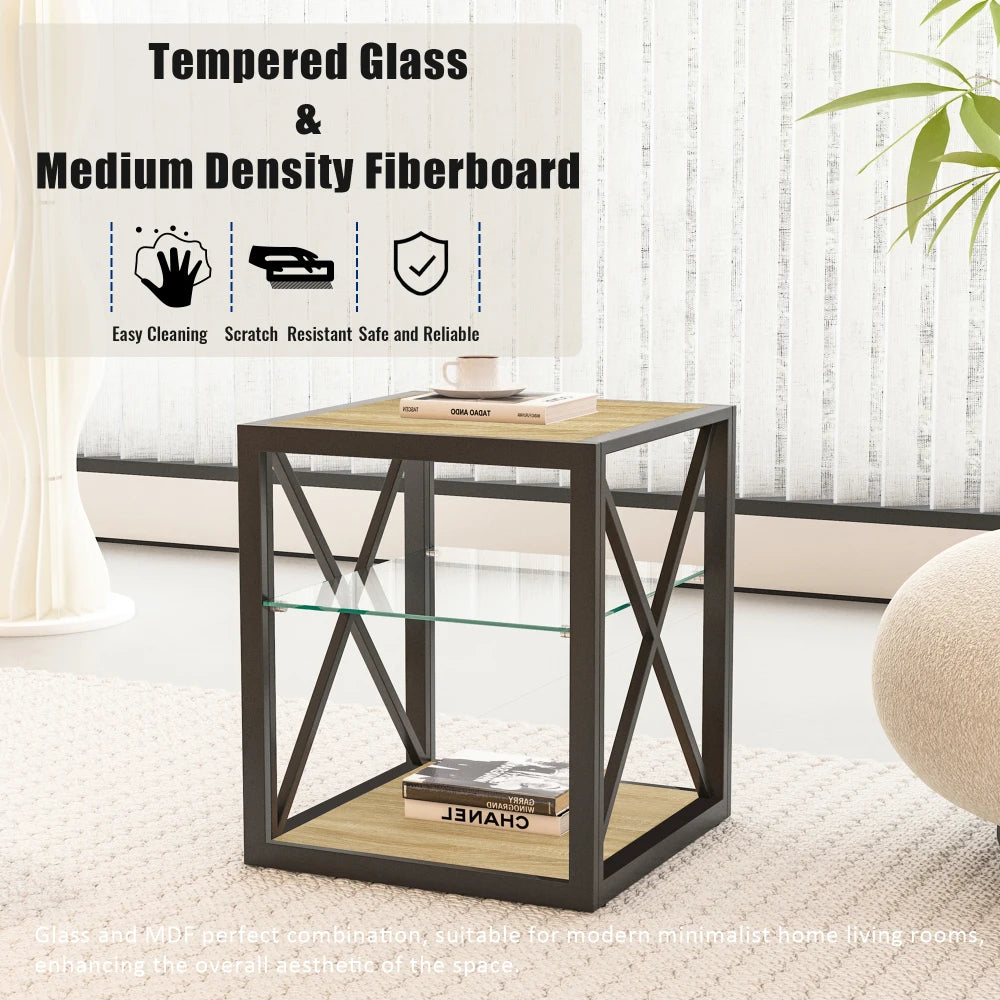 Modern coffee table for Bedroom & Living Room, Tempered Glass&Rustic Wood Grain MDF, Industrial Style coffee table