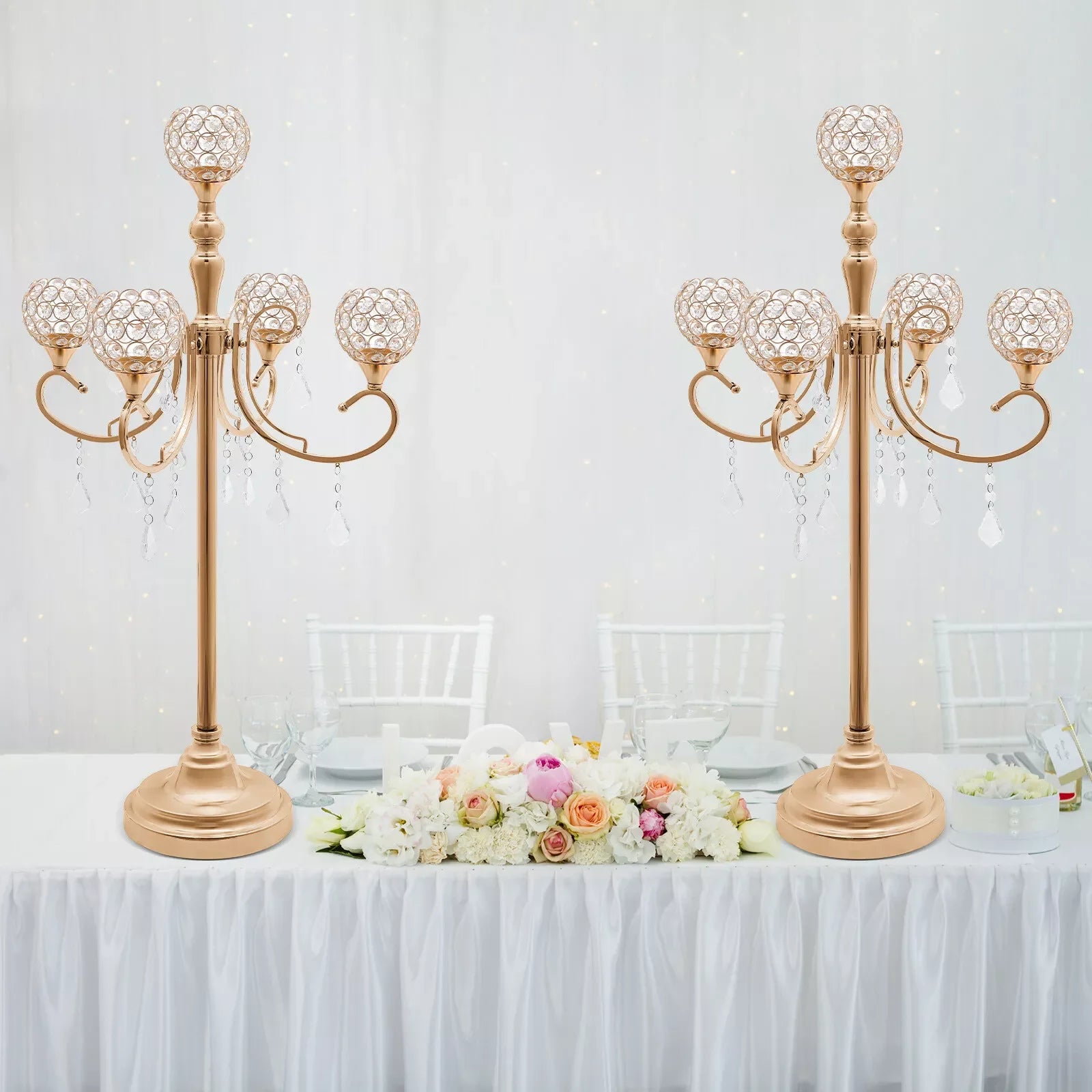 2PCS 5 Arms Crystal Candelabra Candle Holder Golden Table Centerpieces Wedding Decoration