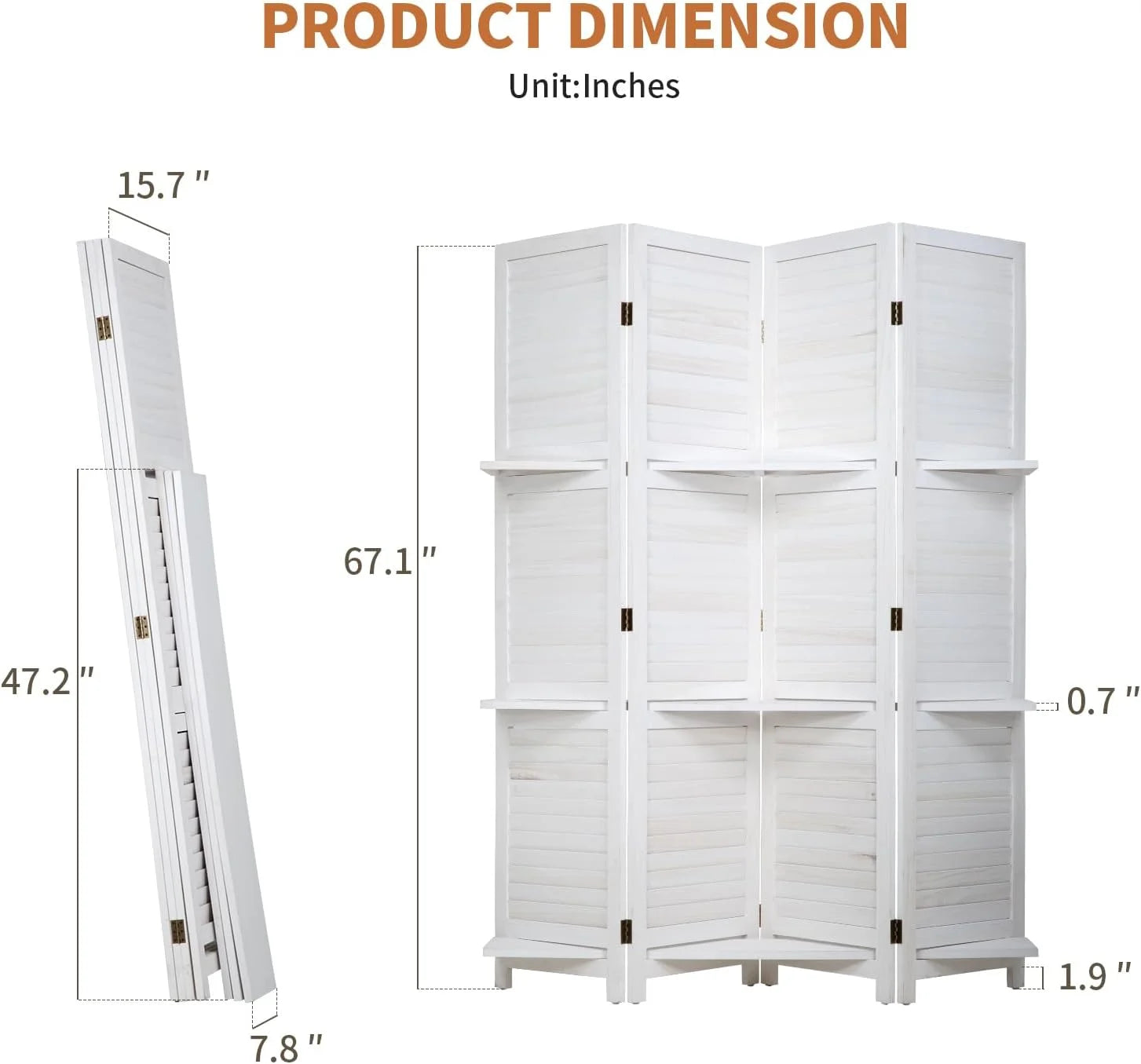 Room Divider 4 Panel Folding Wood 5.6 Ft Tall Privacy Screen Dividers Wall with Three Shelves Portable Partition (White)