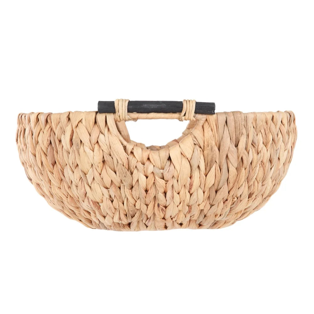 Natural Woven Water Hyacinth Decorative Bowl with Wooden Handles Home Storage Centerpiece Floral Arrangement Table Decor