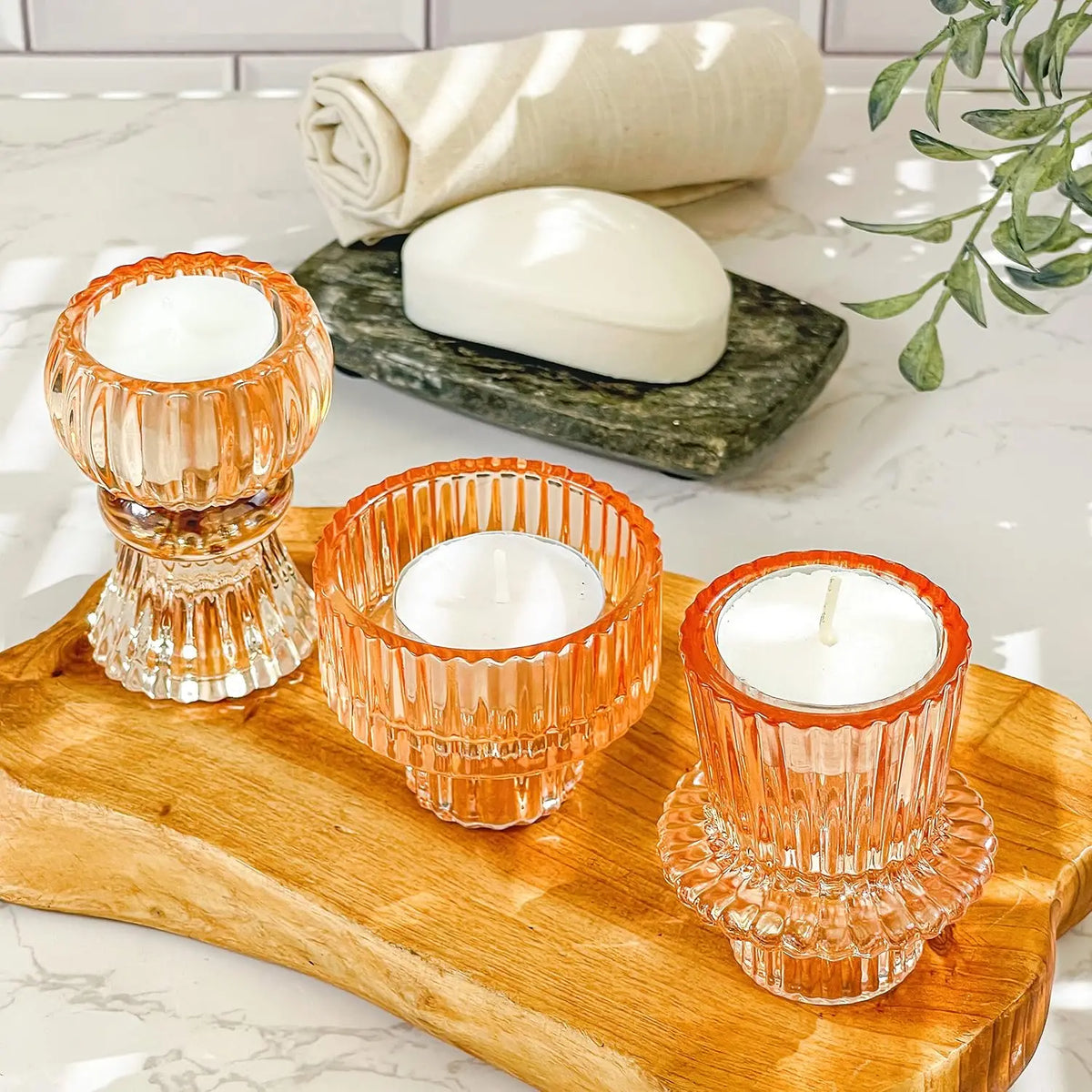 Vintage Ribbed Glass Candle Holders Set of 6, Assorted Sizes for Dining Table and Shelf Decor