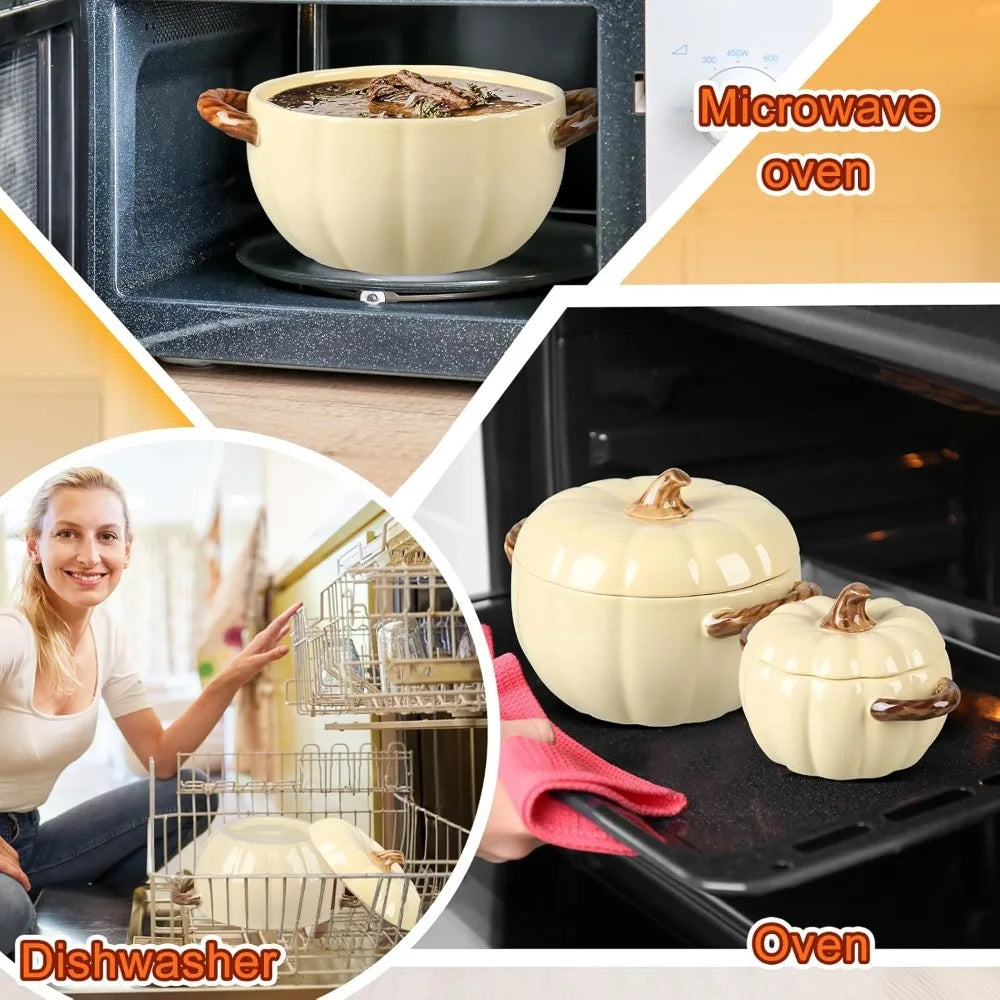 Set of 5 Ceramic Pumpkin Bowls with Lid and Handles Pumpkin Shape Soup Serving Pot Storage Jar