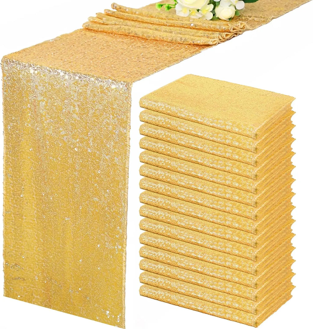Gold Sequin Table Runners 12 x 72 inch, 16 Pack Glitter Fabric Sparkle Table Cloth for Holiday Birthday Wedding Bridal Mardi