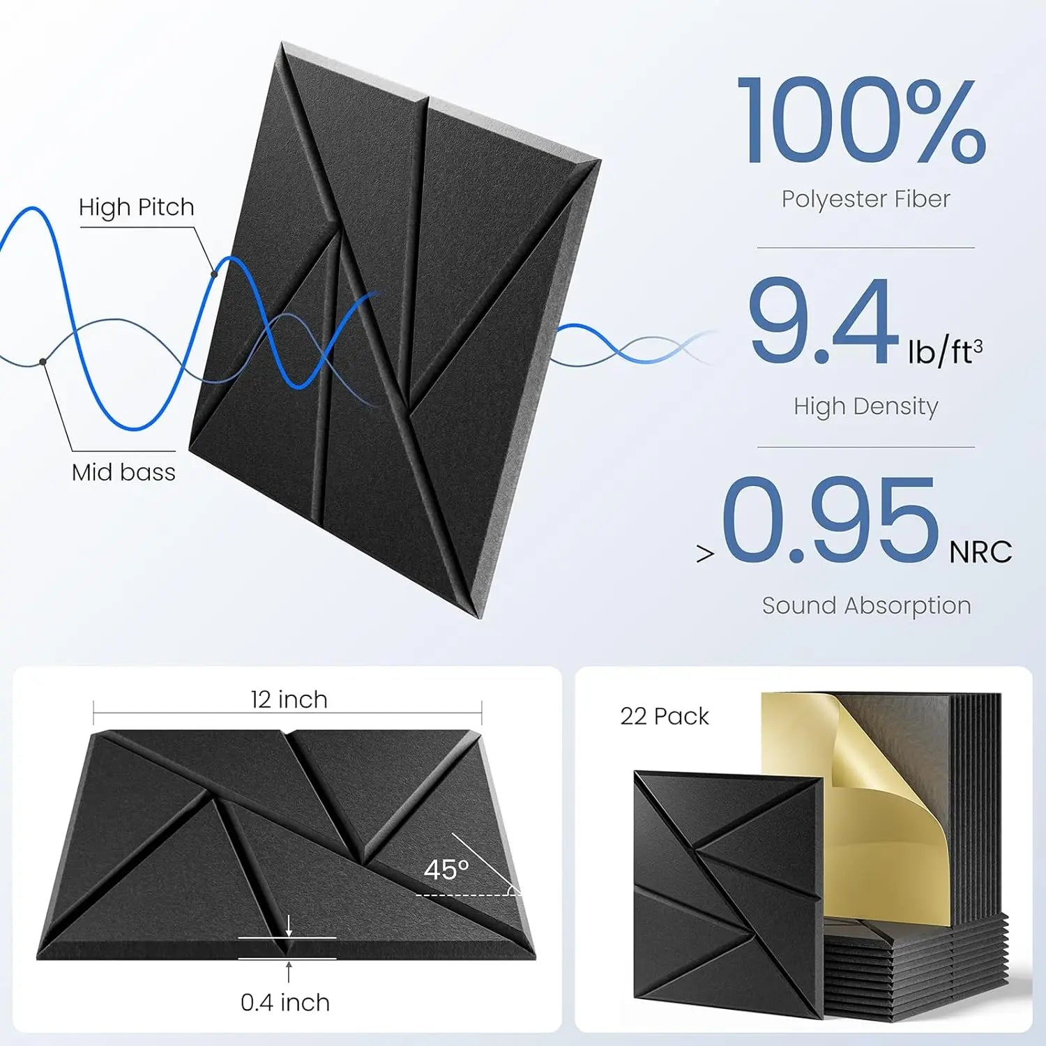 22-Pack Self-Adhesive Acoustic Panels, 12x12x0.4 Inch High-Density Soundproof Foam for Home Studio Office - Black
