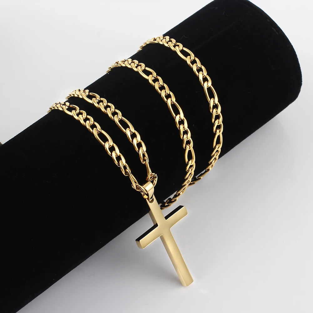 316L Stainless Steel Figaro Chain Necklace for Men Women Gold/ Silver Color Cross Pendant Waterproof Necklaces Fashion Jewelry