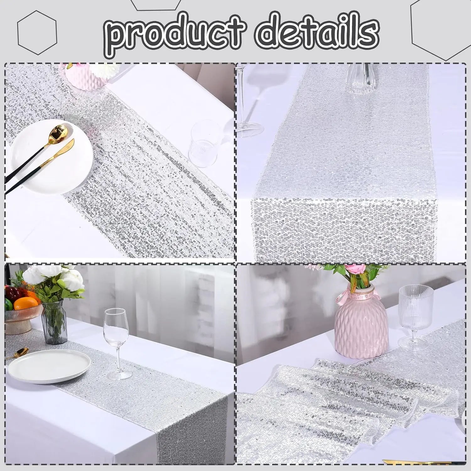 24 Silver Sequin Table Runners, 12x108 Inch Glitter Decor for Parties Weddings Holidays