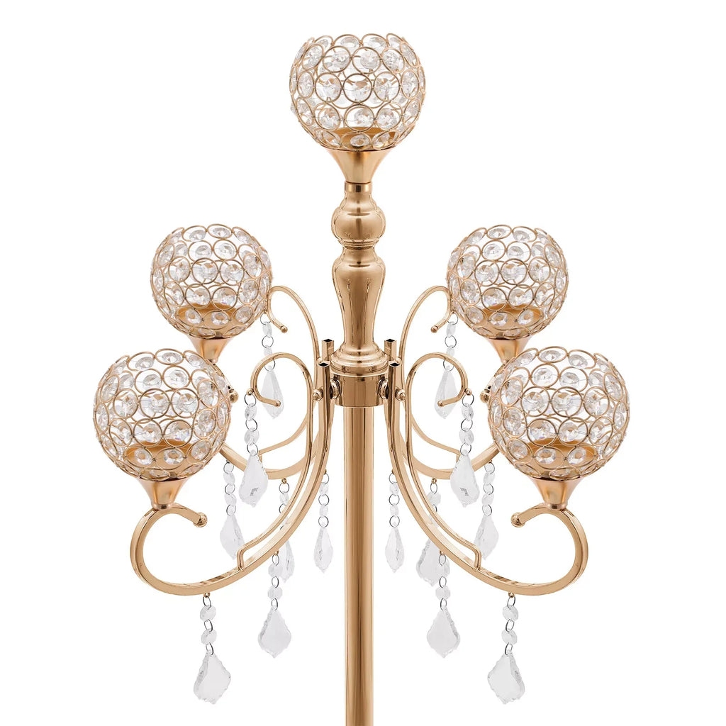 2PCS 5 Arms Crystal Candelabra Candle Holder Golden Table Centerpieces Wedding Decoration