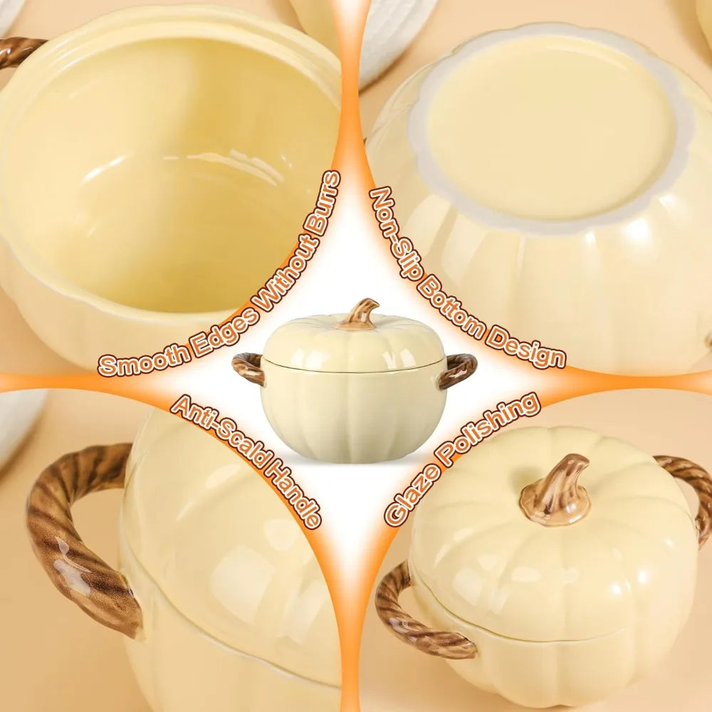 Set of 5 Ceramic Pumpkin Bowls with Lid and Handles Pumpkin Shape Soup Serving Pot Storage Jar