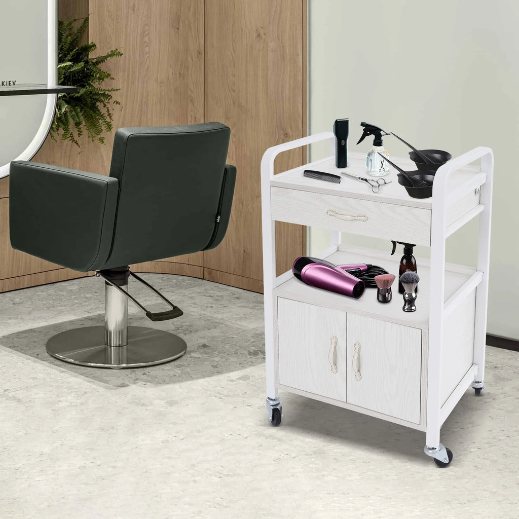 Salon High-density Wood Panels Storage Cart,White Rectangle Free Standing Movable Beauty Organizer 51*33*83cm for Beauty Salons