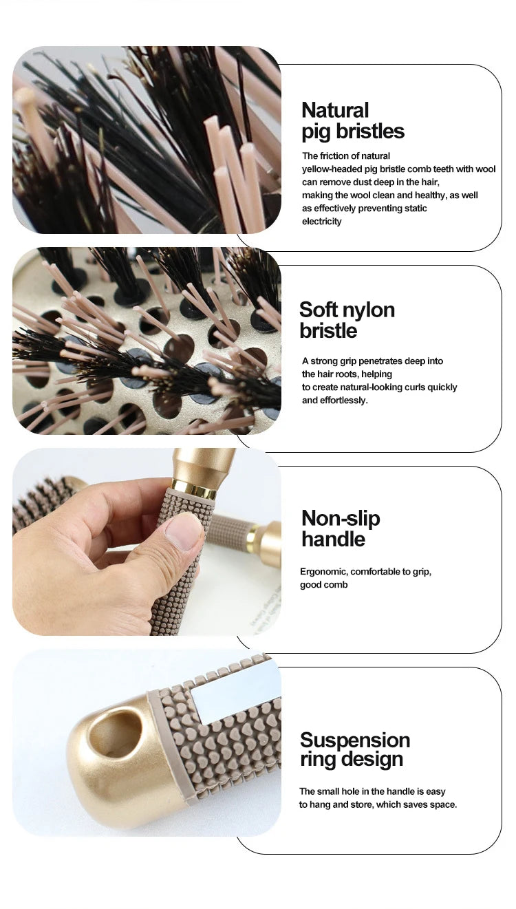 Gute Boar & Nylon Roller Brush - Gold Non-Slip Handle, Curl Defining Barrel - Salon Home Styling