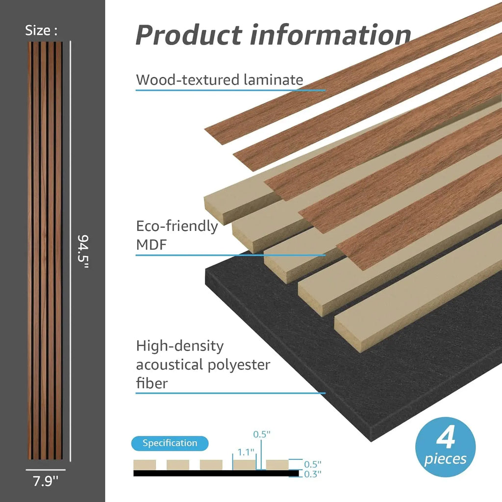 4-Piece Wood Slat Acoustic Panels for Noise Reduction, 3D Textured Wall and Ceiling Decor in Walnut Finish