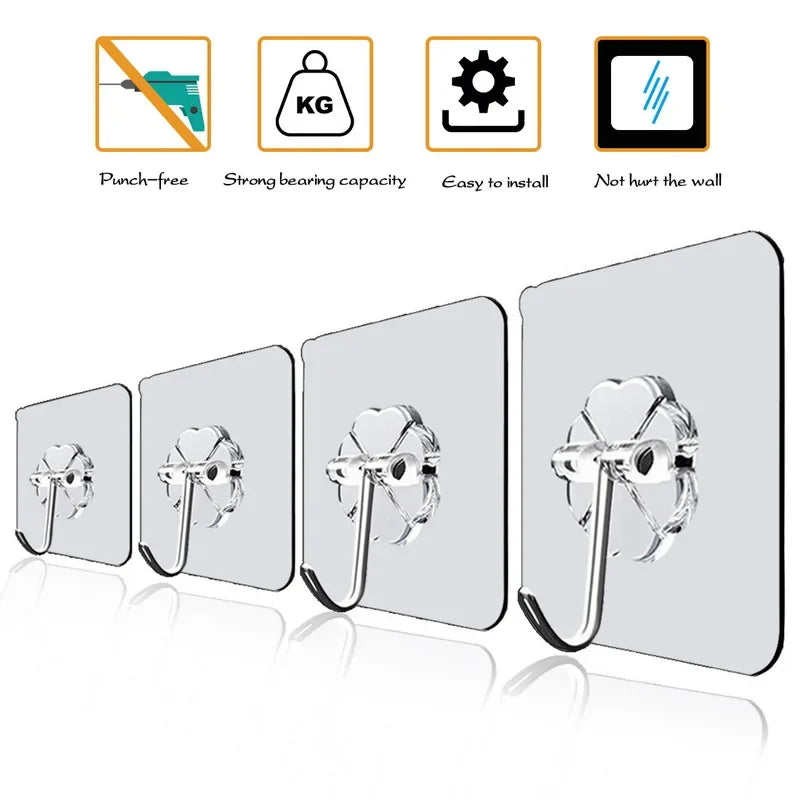 50PCS/100pcs  No Drill Wall Hooks – Heavy Duty 15lb Transparent Adhesive Hooks, Waterproof for Dorm Bathroom & Kitchen