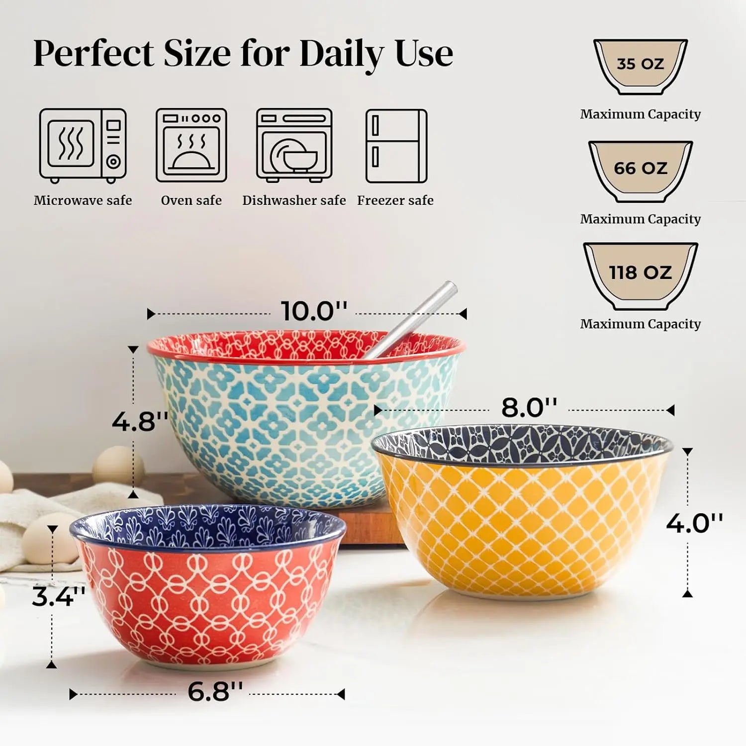 Colorful Ceramic Mixing Bowls Set of 3, Microwave & Dishwasher Safe for Cooking Baking Serving, Housewarming Gift
