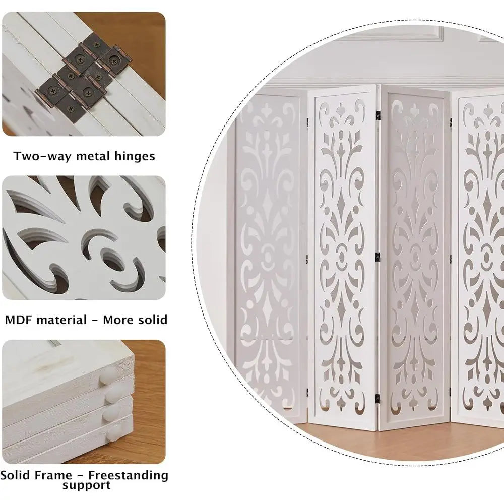 4-Panel White Classic Carved Wooden Room Divider for Home, Office, or Garden