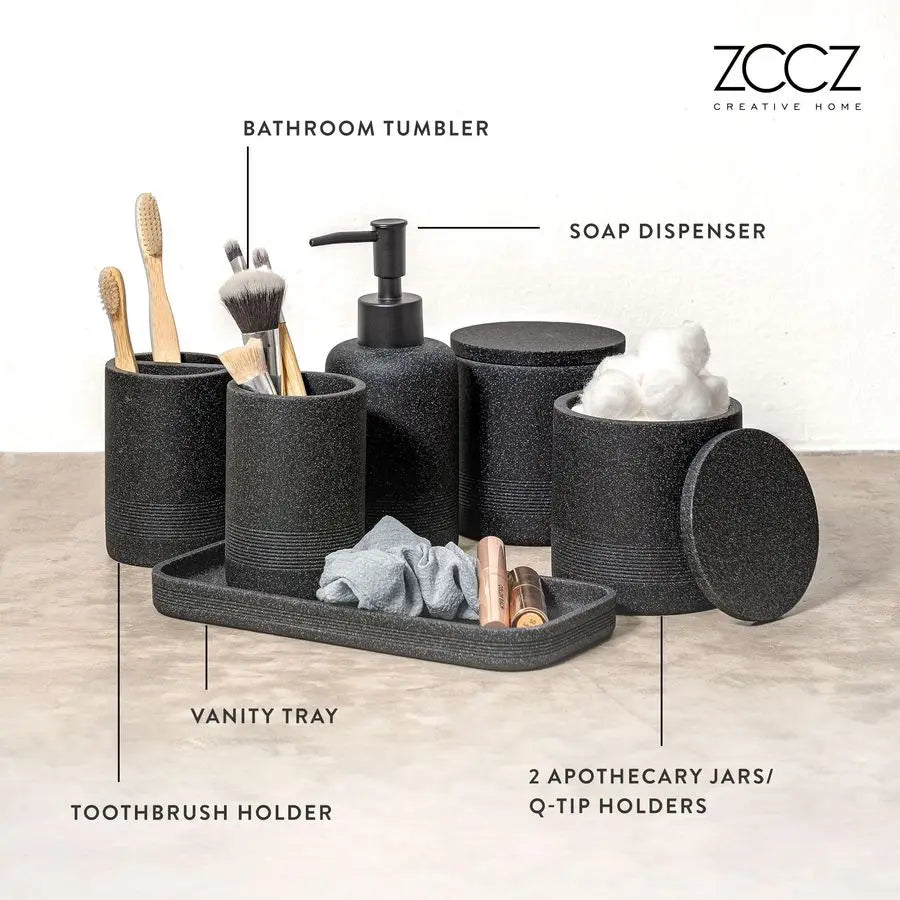 Black Stone Bathroom Accessories Set 6 Pieces Toothbrush Holder, Lotion Dispenser, Qtip Container, Vanity Tray, Tumbler Countert