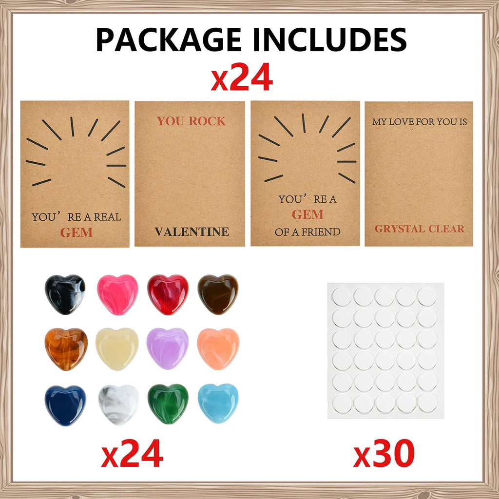 24 Pack Valentine Exchange Card with Heart-Shape Crystal Stone Valentines Cards for Boys Girls School Classroom Party Favors