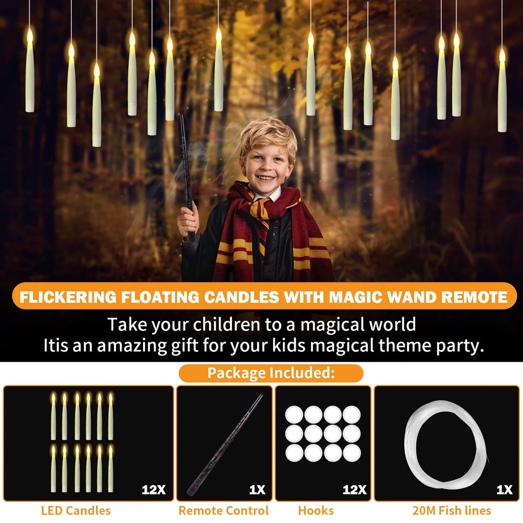 Flameless Taper Floating Candles with Magic Wand Remote Timer Flickering LED Hanging Christmas Halloween Decorations(12 Pack)