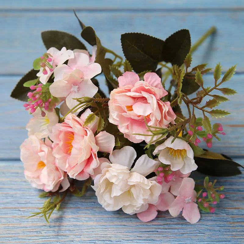 5 Forks 8 Heads Artificial Flowers Small Peony Bouquet Wedding Decorative Plants Wreaths Vases for Home Decoration Accessories
