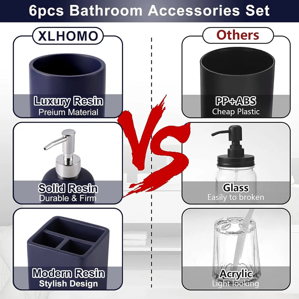 6-Piece Navy Blue Bathroom Set with Toothbrush Holder, Soap Dispenser, Vanity Tray, and More - Countertop Organizer
