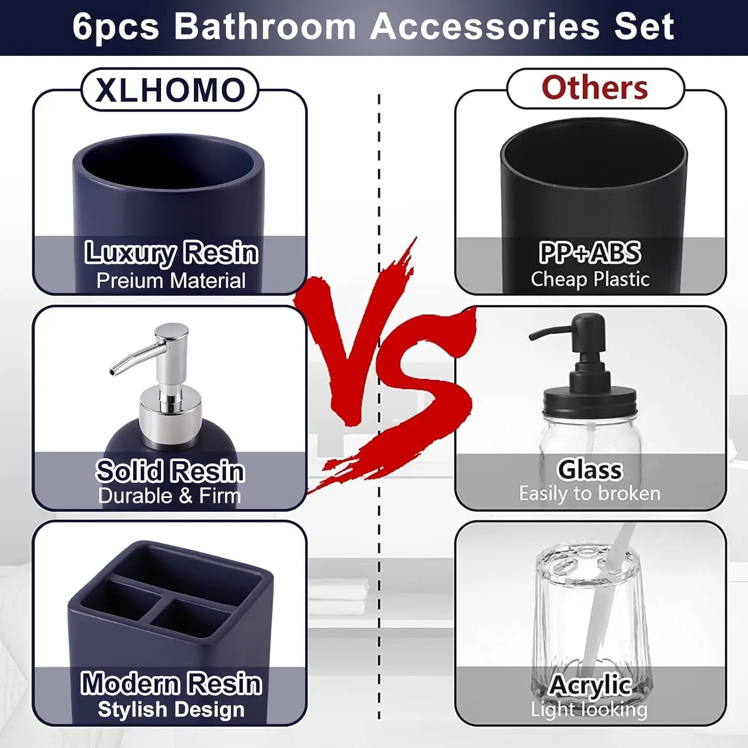 6-Piece Navy Blue Bathroom Set with Toothbrush Holder, Soap Dispenser, Vanity Tray, and More - Countertop Organizer