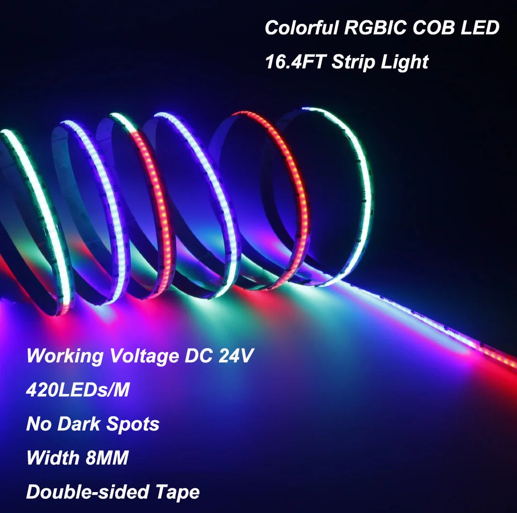 ETL Listed 16.4ft/5m 24V RGBIC COB LED Strip Lights with App Control Color Changing for Home Party Decor(Power Supply Included)