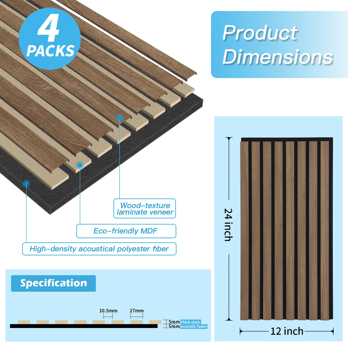 Art3d  4-Panels, Textured Wood-Look 3D Wall & Ceiling Tiles Noise Insulating MDF Grille Design,Acoustic Panels, 24" x 12"
