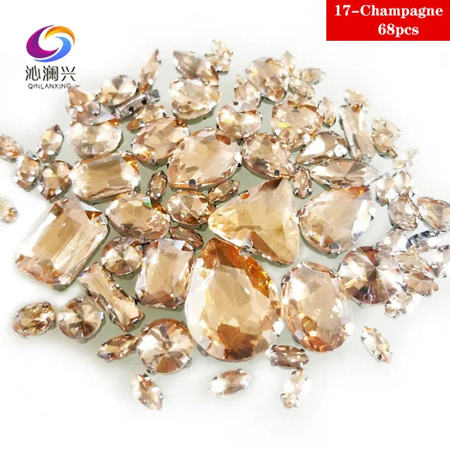 68Pcs Mix Crystal Sliver Claw Setting Rhinestones Sewing Clothe For Needlework Stone DIY Sew On Wedding Dress Shoes Bags