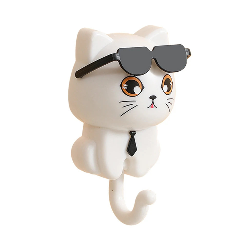 1-3Pcs Wall Key Holder Creative Cartoon Cat Hook Self Adhesive Wall-mounted Hooks with Sunglasses for Wall Decorative Hooks