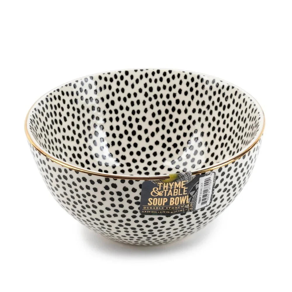 2 Pack Stoneware Bowls Dishwasher Microwave Safe Elegant Dining Essential Tableware Black White Dot Design Durable Chef