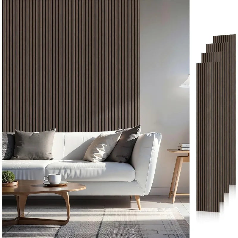 Wood Slat Acoustic Panels, 94.5" x 12.6" Each Soundpoof Wooden Slat Wall Panel - Dark Walnut, 4 Pack