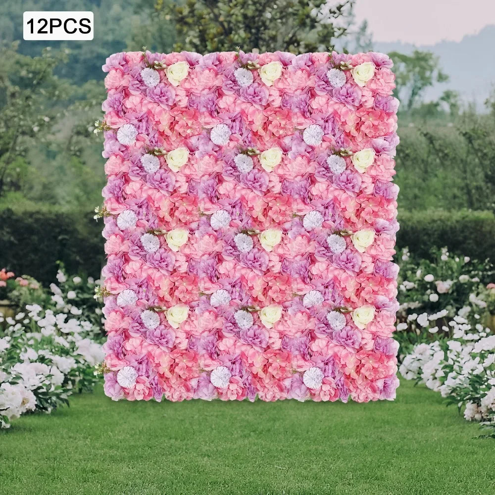 12PCS Flower Wall Panel 3D Artificial Flower Backdrop Wall Silk Hydrangea Rose Floral Panel for Wedding Terrace Garden Backyard