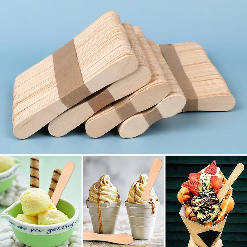 50/100Pcs Ice Cream Sticks Natural Wooden Ice Cream Dessert Spoons Popsicle Sticks Hand Crafts Art Ice Cream Lolly Accessories