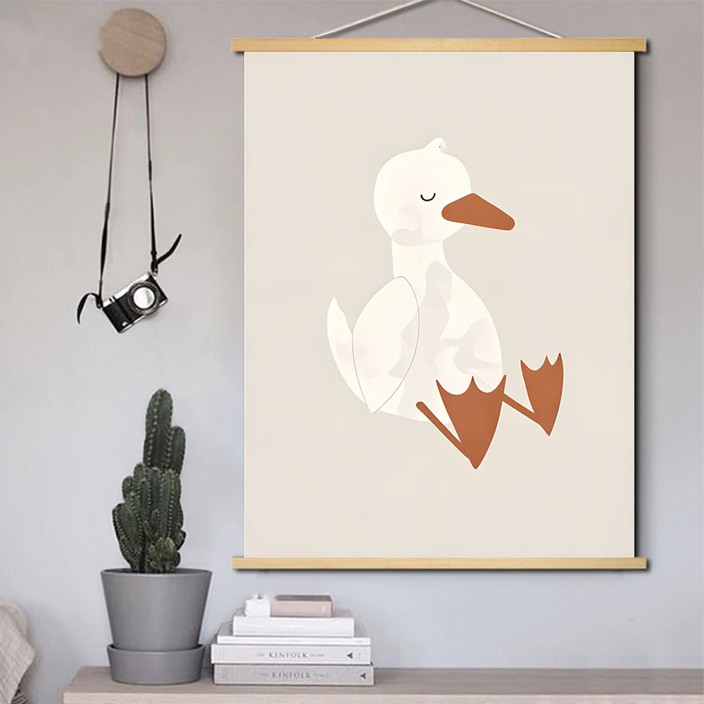 Lions Rabbit Geese Owls Snails Duck Flower Wall Art Canvas Solid Wood Hanging Scrolls Painting Pictures Baby Kids Room Decor