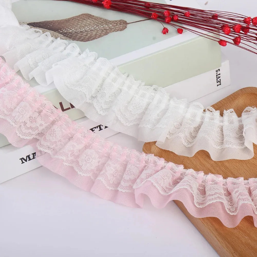 2yards 5cm Double-Layer Pleated Chiffon Lace Trim Clothing Wedding Accessories Decor Ribbon DIY Handmade Sewing Lace Trimmings