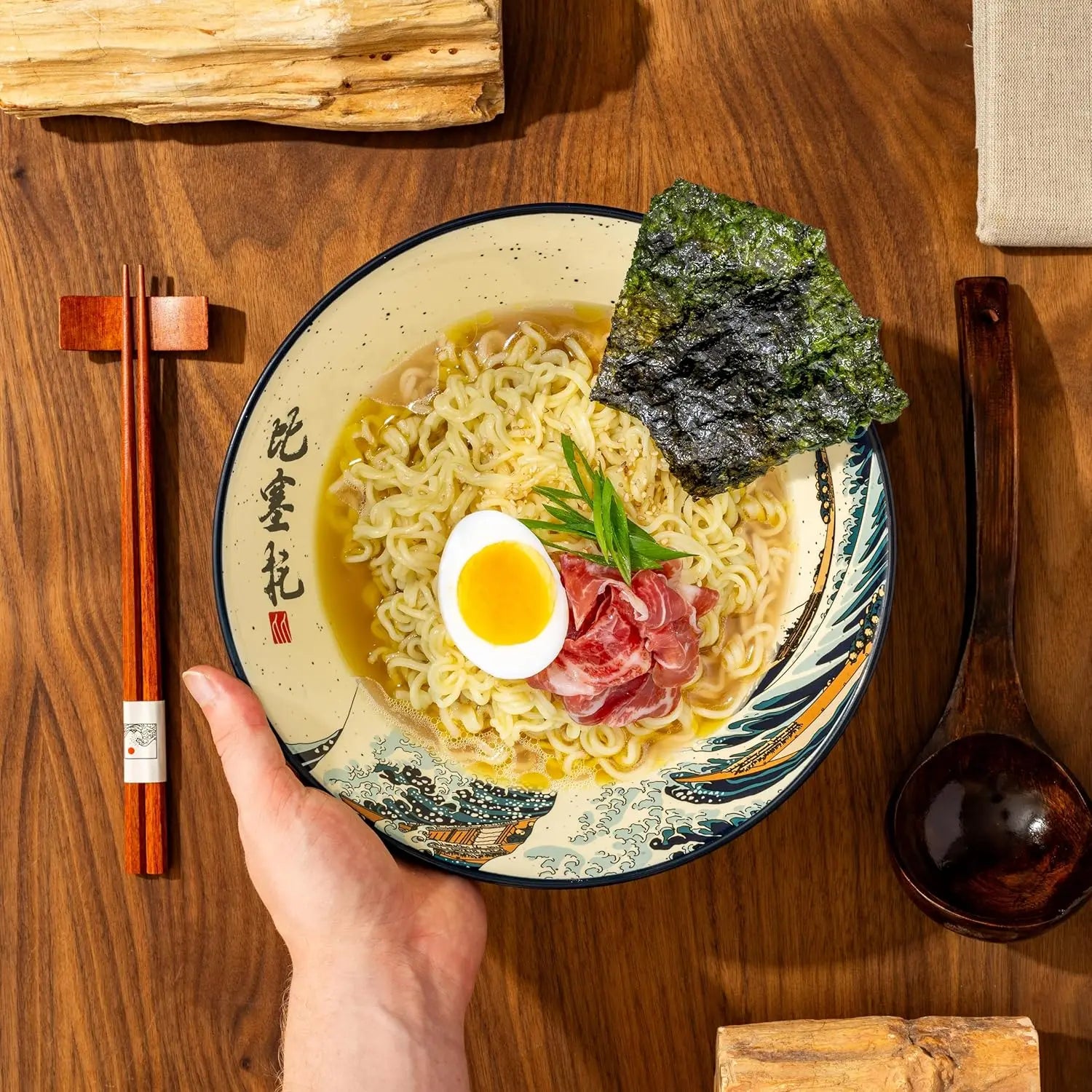 Large Ceramic Ramen Bowl Set with Great Wave Design, 60oz for Soups and Salads, Microwave Safe