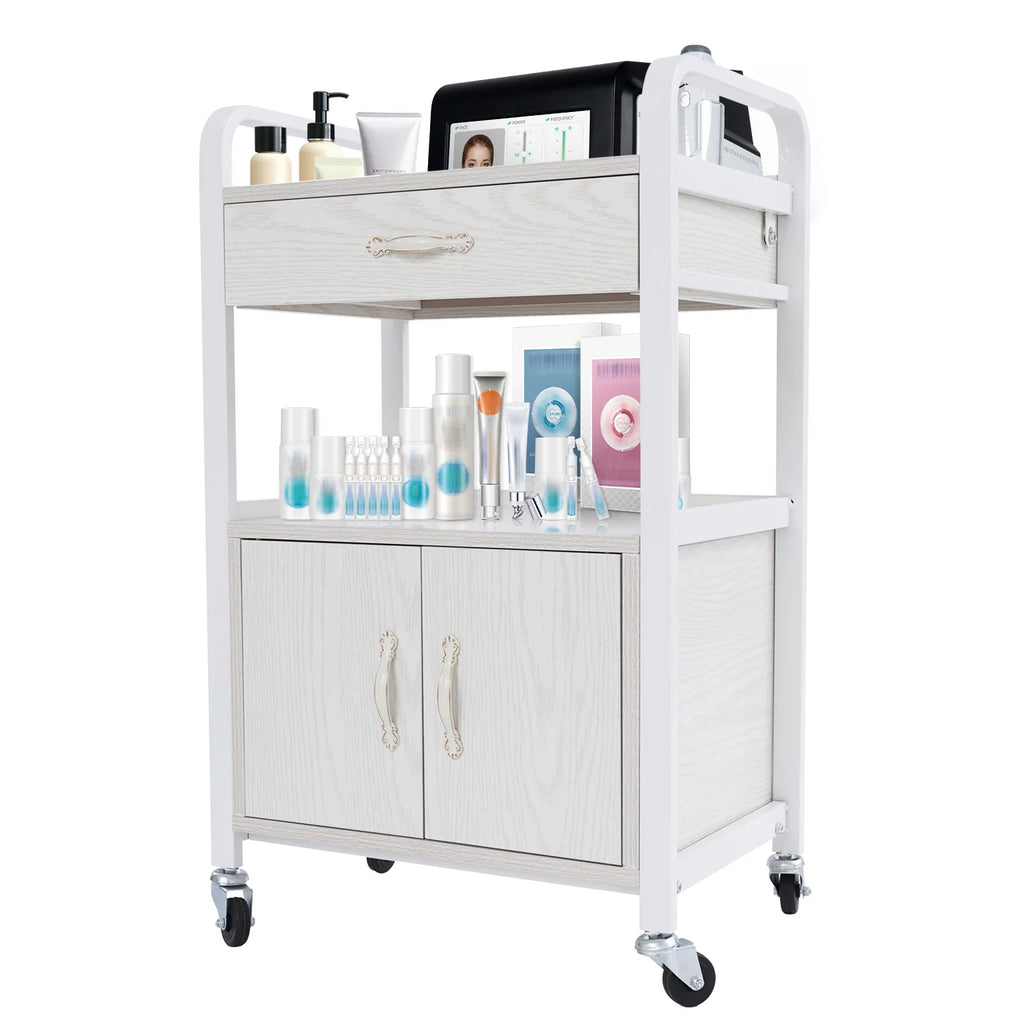 Salon High-density Wood Panels Storage Cart,White Rectangle Free Standing Movable Beauty Organizer 51*33*83cm for Beauty Salons