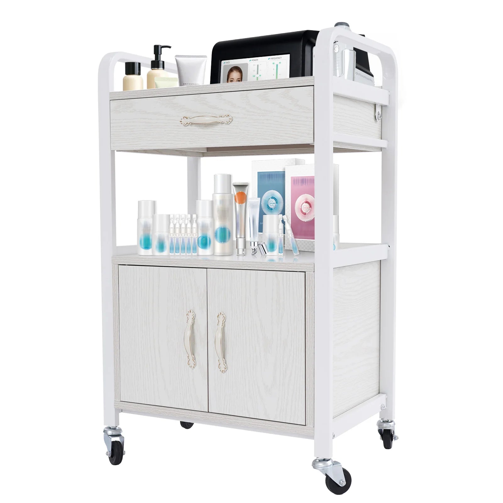 Salon High-density Wood Panels Storage Cart,White Rectangle Free Standing Movable Beauty Organizer 51*33*83cm for Beauty Salons
