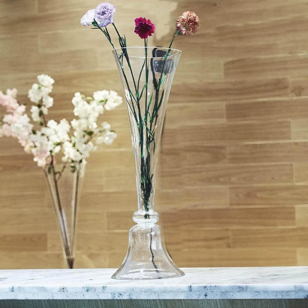 Reversible Clarinet Glass Trumpet Vases Set of 2, 28 Inch Tall, Clear Glass for Weddings, Events, and Home Decor