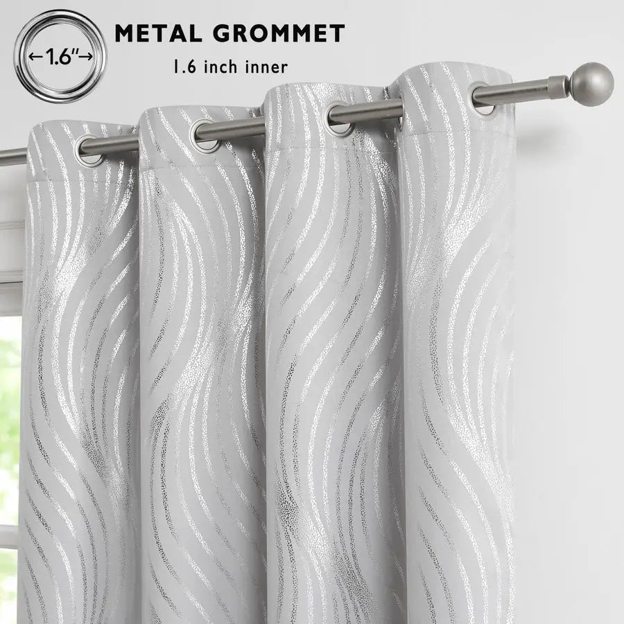 Blackout Curtains Grey and Silver Foil Pattern Curtains 84 Inch Length for Living Room Metallic Silver Wave Print Drapes for Bed