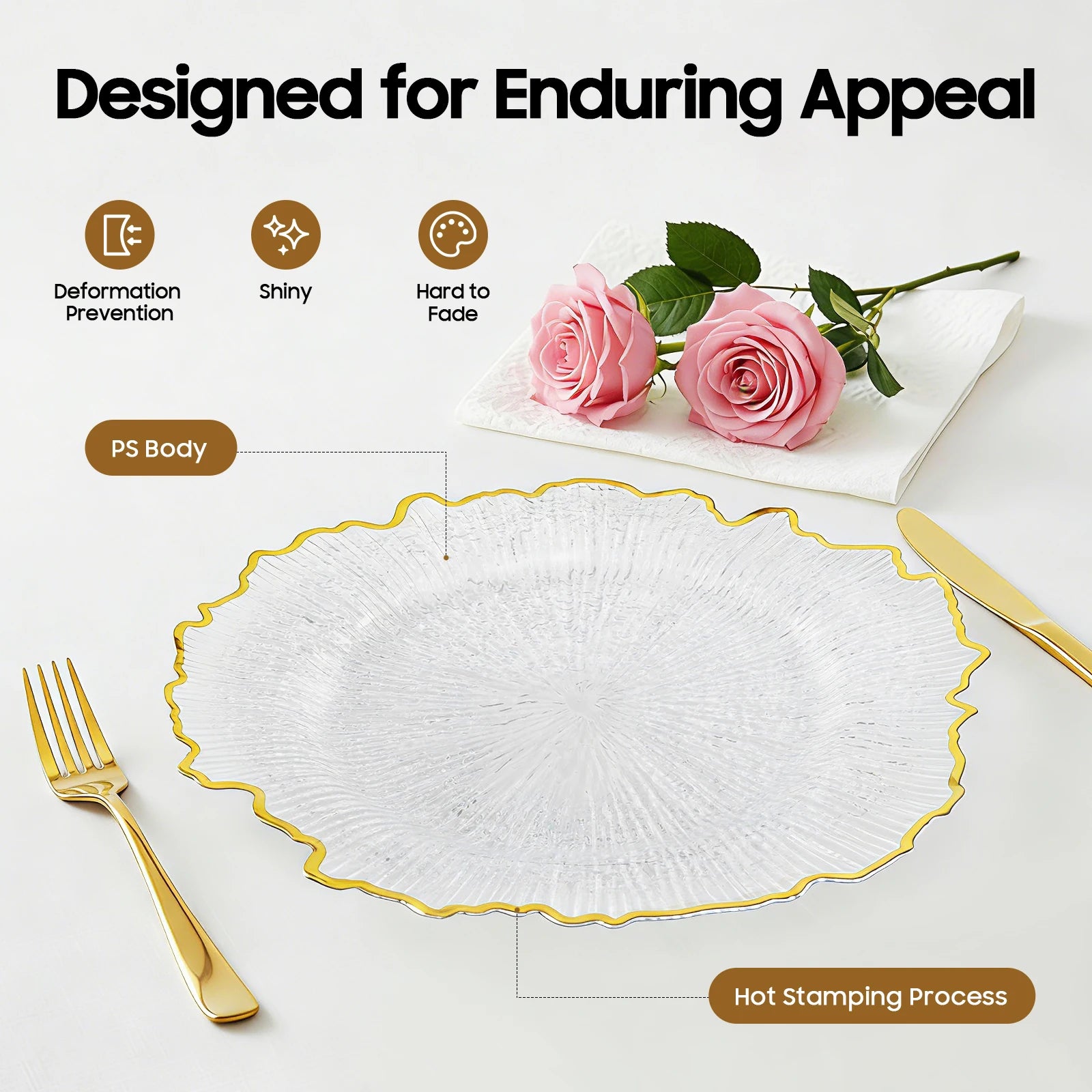 Charger Plate Set of 25 Gold Floral Rim Clear Plastic Serving Charger Plates for Wedding Party Banquet Catering Decoration