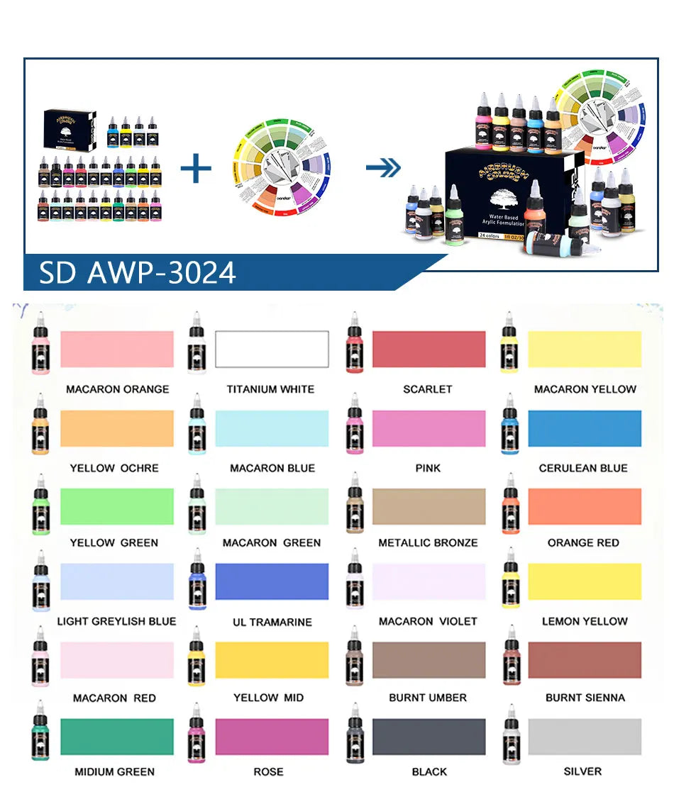 SAGUD Airbrush Paint Set 12/24 Colors 30ML Opaque & Water Based Fluorescent Acrylic Paint for Shoes Nails Art DIY Model Painting