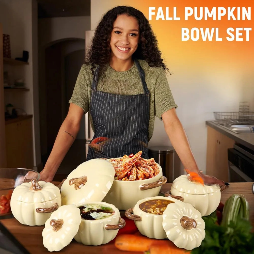 Set of 5 Ceramic Pumpkin Bowls with Lid and Handles Pumpkin Shape Soup Serving Pot Storage Jar