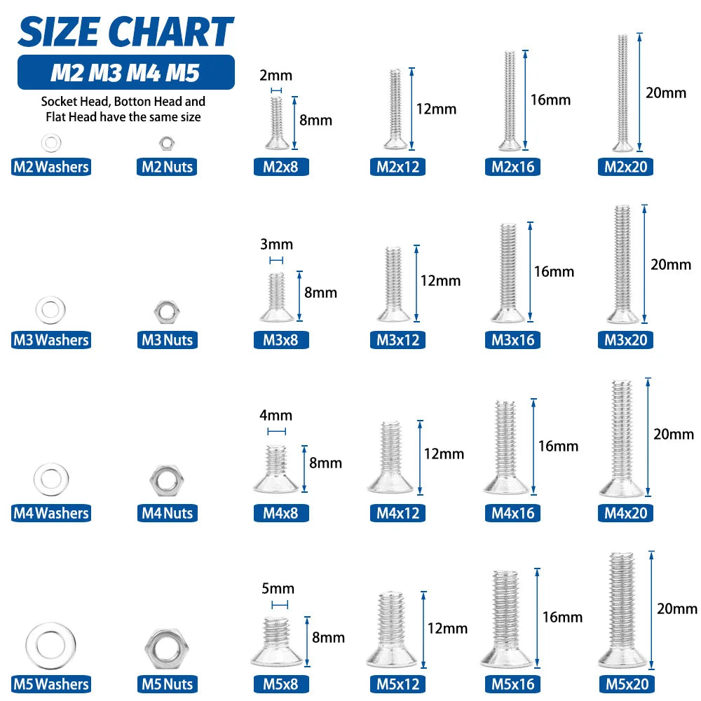 880Pcs Stainless Steel 304 Hex Socket Flat Head Screws Assortment Kit M2 M3 M4 M5 Countersunk Bolts Set with Storage Box